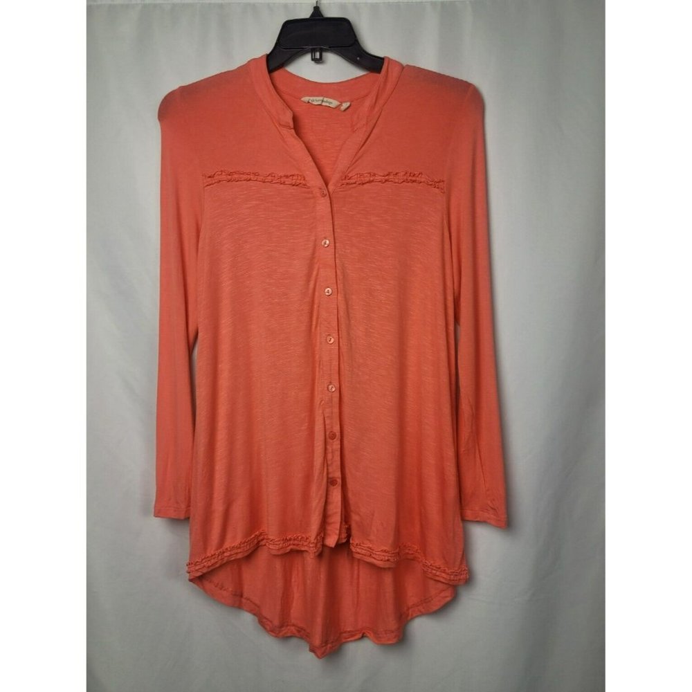 Soft Surroundings Graciela Button Front Split Neck Ruffe Tunic Top Size S Coral